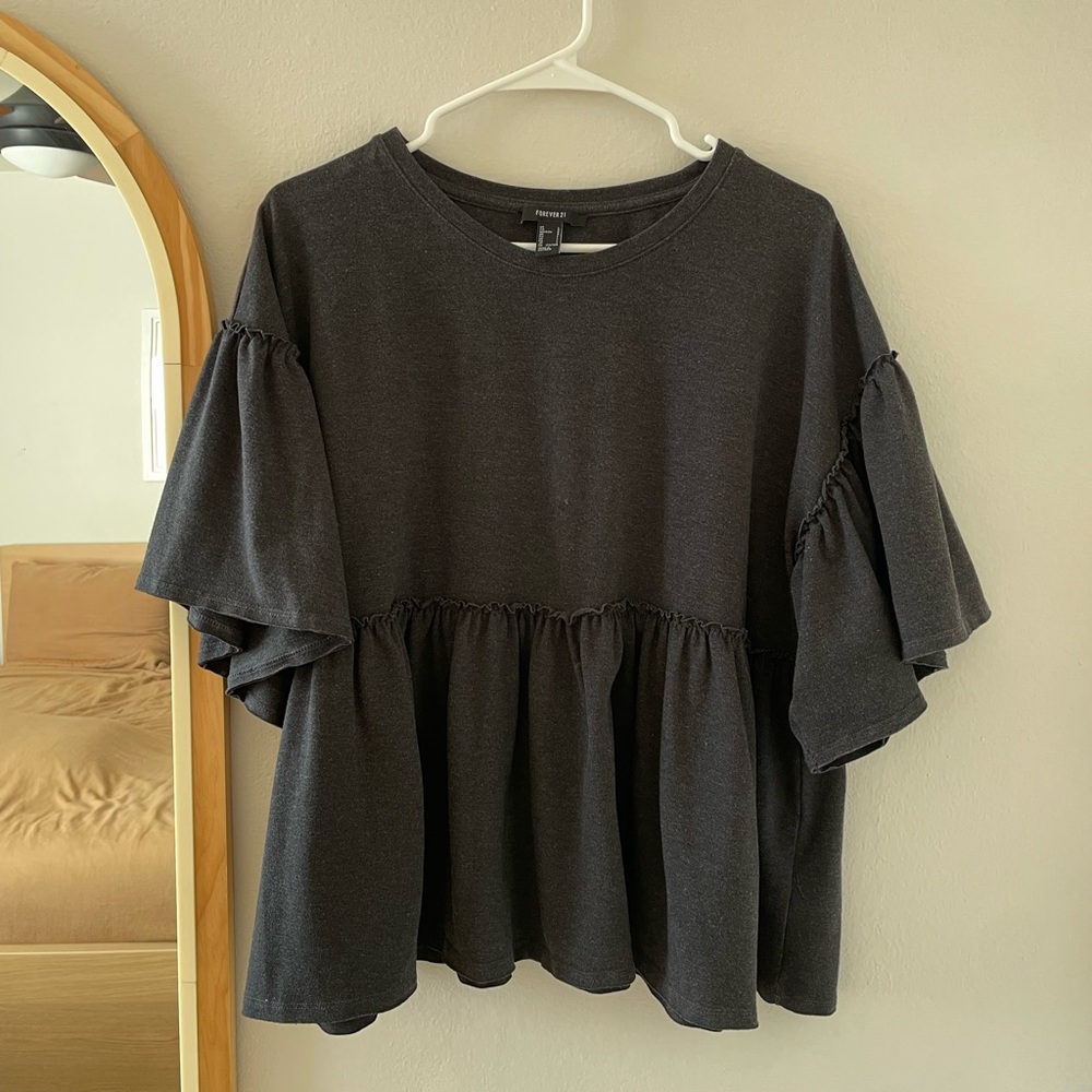 Forever 21 Charcoal Ruffle Sleeve Blouse